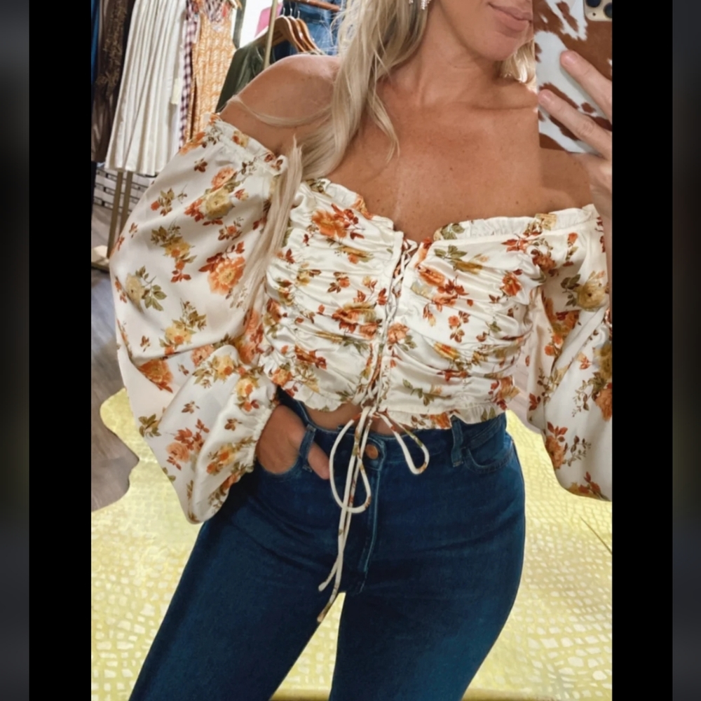Blue B Ruched Puff Satin Floral Crop Blouse